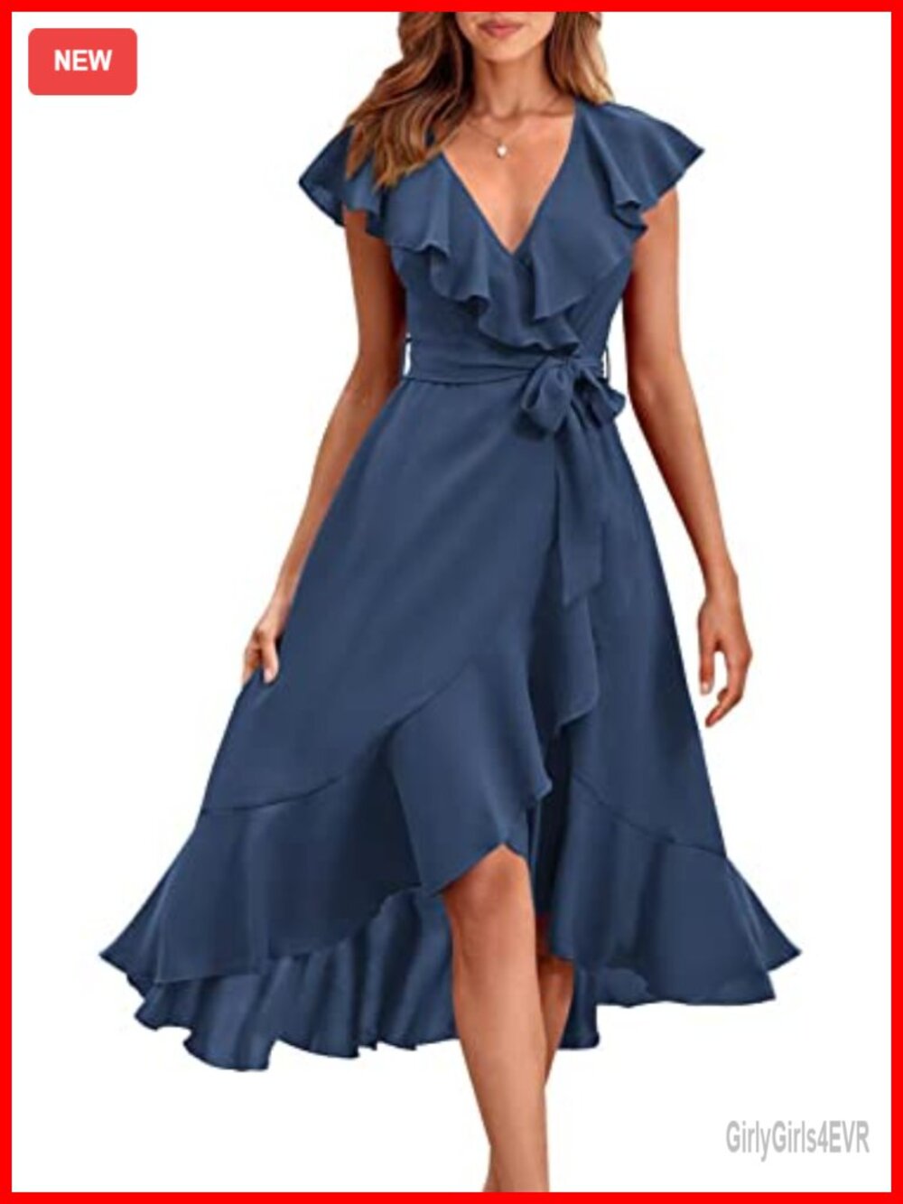 Women's Summer Midi Dress Cross V Neck Ruffle Hem Tie Waist Beach